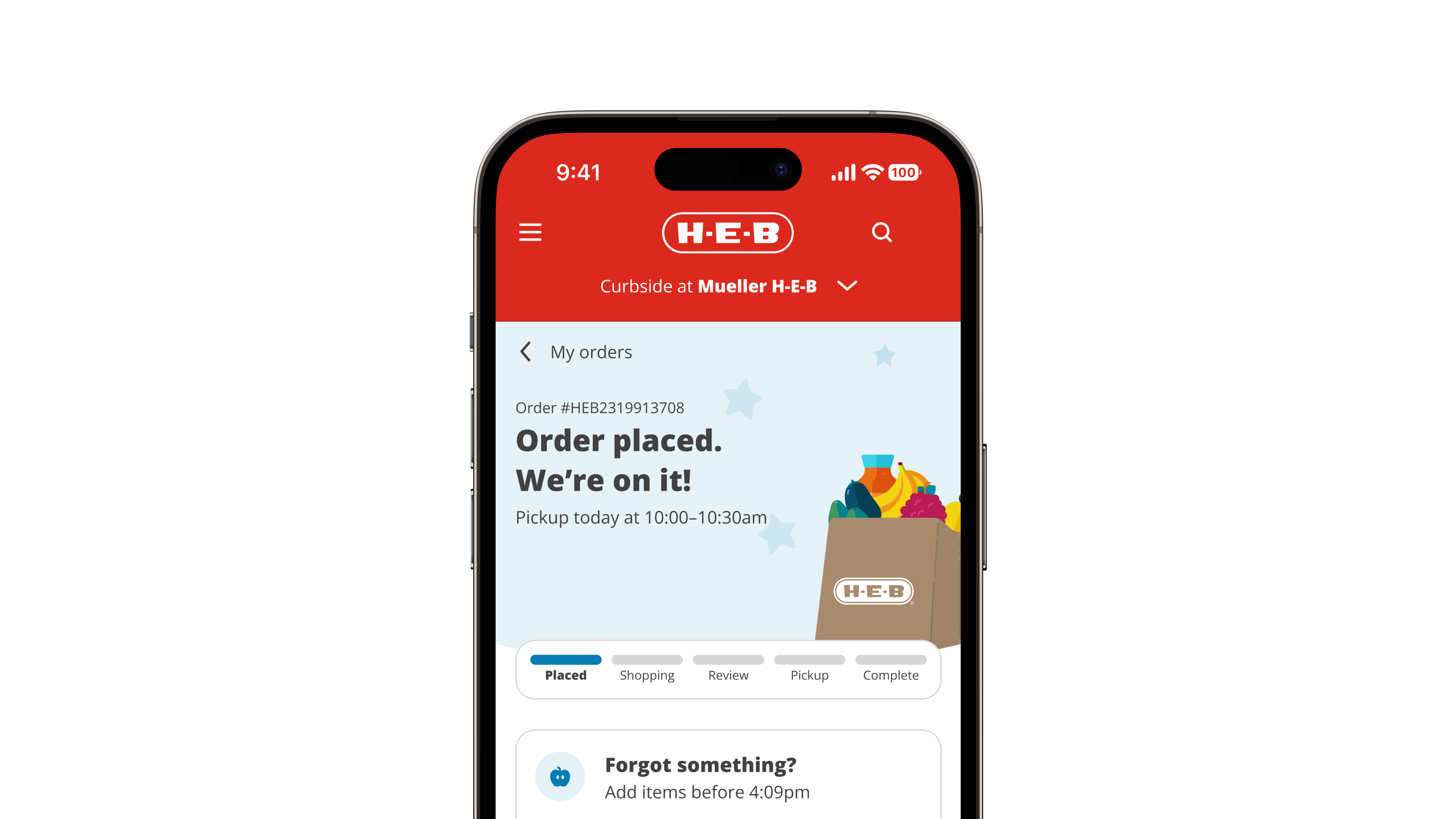 Mockup of mobile phone with H-E-B Order Tracker experience